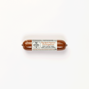 Ingredients: Wheat gluten, Water, Onion, Organic adzuki beans, Apple cider vinegar, Barley, Organic garlic, Salt, Organic sunﬂower oil, Natural ﬂavours, Spices.  