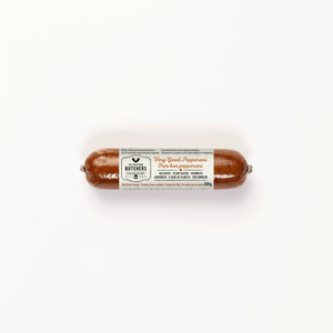 Ingredients: Wheat gluten, Water, Onion, Organic adzuki beans, Apple cider vinegar, Barley, Organic garlic, Salt, Organic sunﬂower oil, Natural ﬂavours, Spices.  